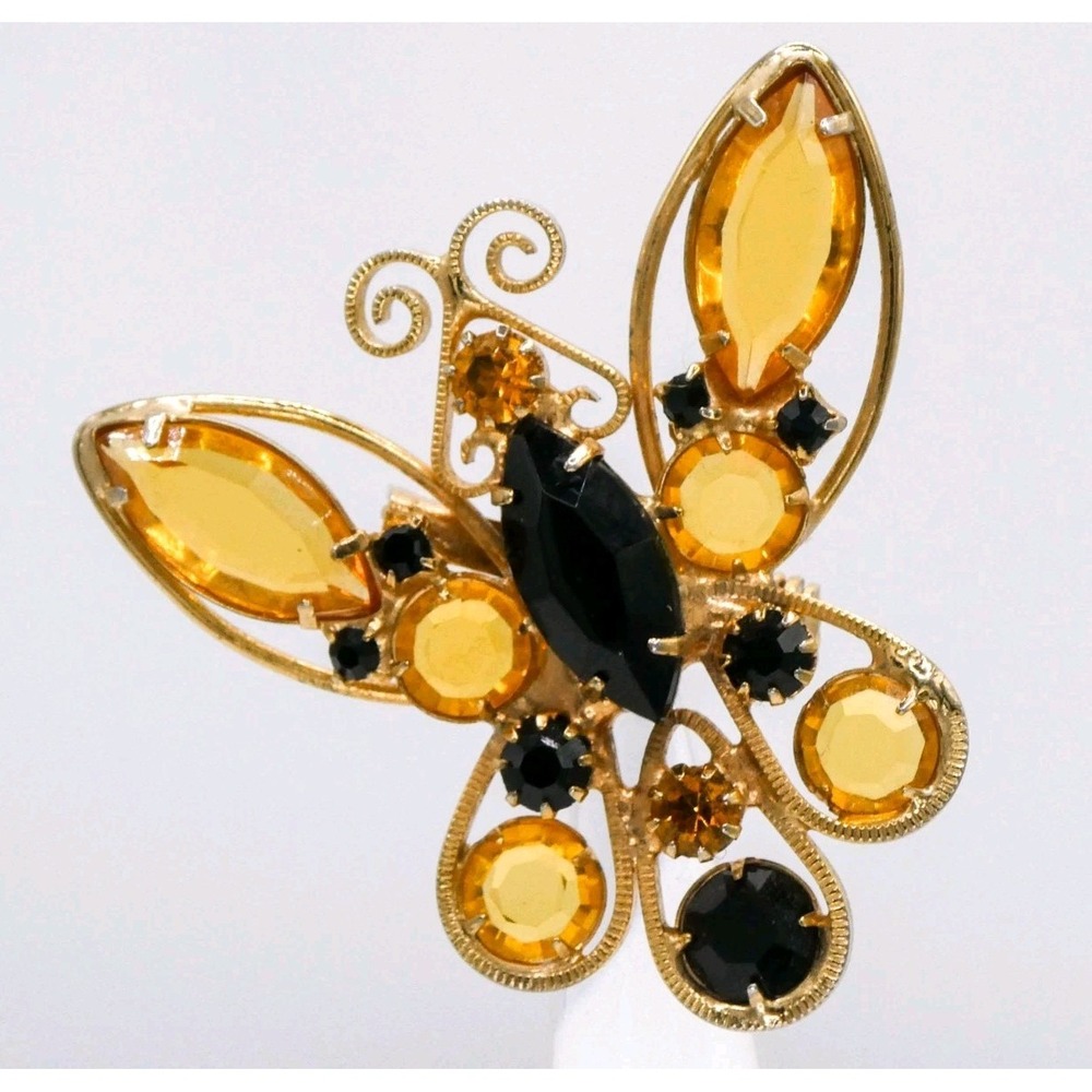Vintage Yellow Black Rhinestone 1.5" Butterfly Goldtone Brooch Pin Unisex